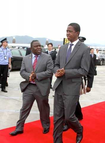 President Edgar Lungu with Foreign affairs minister Harry Kalaba on arrival at Sanya Phoenix International Airport for Boao forum in Hainan Province of China on March 27,2015 -Picture by THOMAS NSAMA