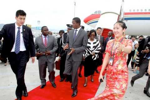 President Edgar Lungu with Foreign affairs minister Harry Kalaba on arrival at Sanya Phoenix International Airport for Boao forum in Hainan Province of China on March 27,2015 -Picture by THOMAS NSAMA