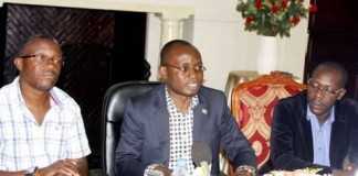 Special Assistant to the President for Press and Public Relations Amos Chanda addresses Journalists at State House. Seated next to him are State House permanent Secretary Emmanuel Chilubanama (l) and Special Assistant to the President for Political affairs Kaiza Zulu (r) on March 9,2015 -Picture by THOMAS NSAMA