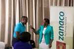 The emcee, Kunda Mando, interviewing the maverick entrepreneur Mawano Kambeu of doctcom Zambia. Mawano is also a Nyamuka Zambia Champion — at Radisson Blu Hotel Lusaka.