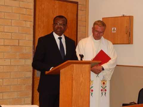 Zambia's High Commissioner to South Africa, His Excellency Mr. Muyeba Chikonde, speaks at the church service - Credit Nicky Shabolyo