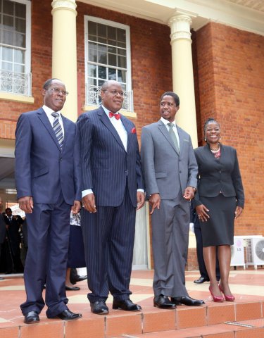Brenda Muntemba Zambian high Commissioner to Kenya, Sibanze Simuchoba PS Southern Province and Mr Bernard Pwete PS Chiefs and Traditional affairs Pose with President Edgar Lungu after the Swearing in Ceremony at Statehouse. Picture By Eddie Mwanaleza/statehouse 22-04-2015.