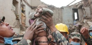 A baby boy was recovered alive from a collapsed building. Photograph: Kathmandu Today