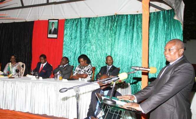 Former Bank of Zambia Governor Caleb Fundanga speaks at Zambia's Ambassador to Zimbabwe's residence in Harare where President Lungu addressed Zambia's living in Zimbabwe on April 29,2015 -Picture by THOMAS NSAMA