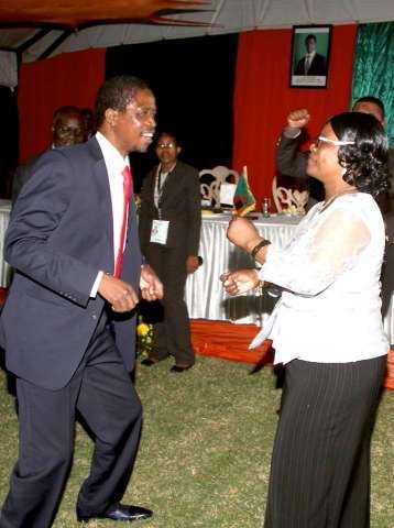 President Edgar Chagwa Lungu and First Lady Esther Lungu take to the dance floor at Zambia's Ambassador to Zimbabwe's residence in Harare where he addressed Zambia's living in Zimbabwe on April 29,2015 -Picture by THOMAS NSAMA