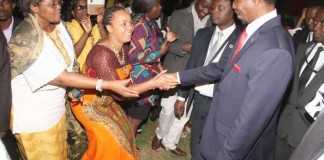 President Edgar Chagwa Lungu greets Zambians at Zambia's Ambassador to Zimbabwe's residence in Harare where he addressed them on April 29,2015 -Picture by THOMAS NSAMA