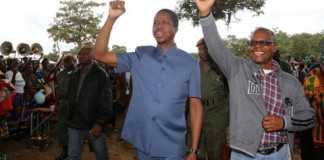 President Edgar Chagwa Lungu in Senga Hill constituency where he is drumming up support for PF Parliamentary candidate Kapembwa Simbao (r) in Mbala District on April 10,2015 -Picture by EDDIE MWANALEZA/ STATE HOUSE