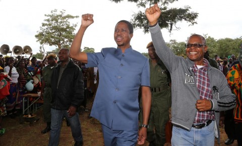 President Edgar Chagwa Lungu in Senga Hill constituency where he is drumming up support for PF Parliamentary candidate Kapembwa Simbao (r) in Mbala District on April 10,2015 -Picture by EDDIE MWANALEZA/ STATE HOUSE