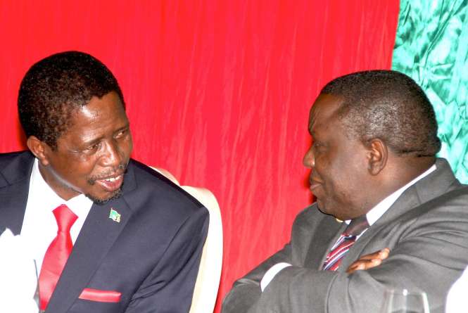 President Edgar Chagwa Lungu with Foreign Affairs minister Harry Kalaba at Zambia's Ambassador to Zimbabwe's residence in Harare where he addressed Zambia's leaving in Zimbabwe on April 29,2015 -Picture by THOMAS NSAMA
