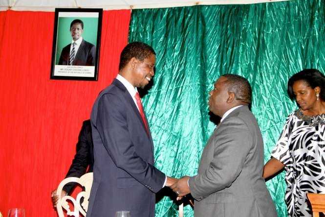 President Edgar Chagwa Lungu with Foreign affairs minister Harry Kalaba at Zambia's Ambassador to Zimbabwe's residence in Harare where he addressed Zambia's living in Zimbabwe on April 29,2015 -Picture by THOMAS NSAMA