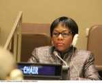 Zambia’s Deputy Permanent Representative to the UN Christine Kalamwina chairing the 48th Session of the Commission on Population and Development at UN HQ on 14 April 2015.