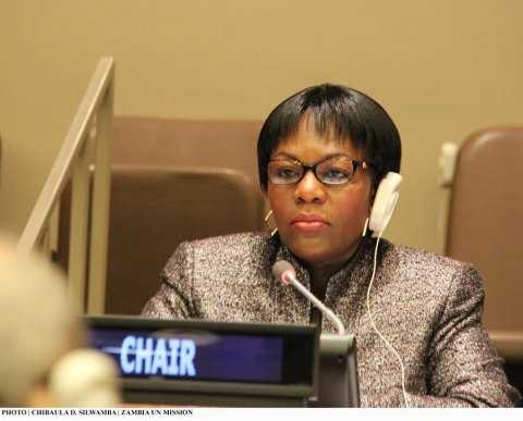 Zambia's Deputy Permanent Representative to the UN Christine Kalamwina chairing the 48th Session of the Commission on Population and Development at UN HQ on 14 April 2015. PHOTO | CHIBAULA D. SILWAMBA | ZAMBIA UN MISSION