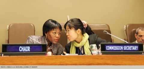 Zambia's Deputy Permanent Representative to the UN Christine Kalamwina (left) talking to the Secretary of the 48th Session of the Commission on Population and Development Sonia Elliot at UN HQ 14 April 2015. PHOTO | CHIBAULA D. SILWAMBA | ZAMBIA UN MISSION