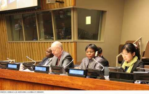 Zambia's Deputy Permanent Representative to the UN Christine Kalamwina (second right) chairing the 48th Session of the Commission on Population and Development at UN HQ on 14 April 2015. PHOTO | CHIBAULA D. SILWAMBA | ZAMBIA UN MISSION