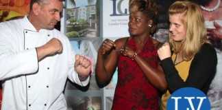 Lusaka Grand Hotel Executive Chef Eric Buitendjik , Boxer Esther Phiri, Lusaka Grand Hotel Media & Public Relations Manager Janina Baalmann ,