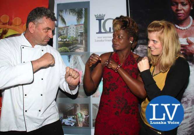 Lusaka Grand Hotel Executive Chef Eric Buitendjik , Boxer Esther Phiri, Lusaka Grand Hotel Media & Public Relations Manager Janina Baalmann ,