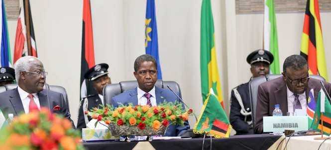 President Edgar Chagwa Lungu his Sierra Leone Counterpart Ernest Koroma and Namibia's President Hage Geingob after the official opening of the African AU Committee of Ten Heads of State Summit