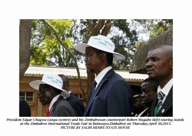 President Edgar Chagwa Lungu (right) and his Zimbabwean counterpart Robert Mugabe touring stands at the Zimbabwe International Trade Fair in Bulawayo, Zimbabwe on Thursday, April 30,2015. PICTURE BY SALIM HENRY:STATE HOUSE ©2015 President Edgar Chagwa Lungu (right) and his Zimbabwean counterpart Robert Mugabe touring stands at the Zimbabwe International Trade Fair in Bulawayo, Zimbabwe on Thursday, April 30,2015. PICTURE BY SALIM HENRY/STATE HOUSE ©2015