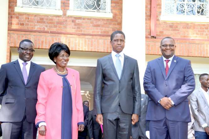 President Edgar Lungu, Vice-President Inonge Wina, Zambia's High Commissioner to South Africa Emmanuel Mwamba (r) and Zambia's Ambassador to France Humphrey Chibanda (l) during the swearing -In-Ceremony at State House on May 4,2015