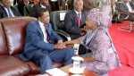 President Lungu greets Edith Nawakwi at an SDA event