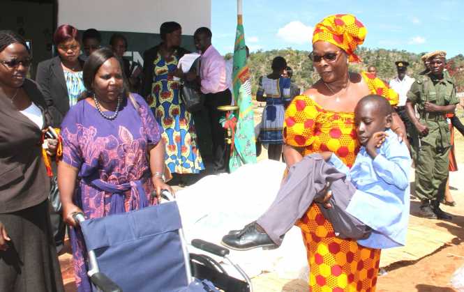 First Lady during the handover of wheel chairs at Mwenya Primary School in Isoka District on June 2,2015 -Picture by THOMAS NSAMA11058370_905329039528531_8900978733581431402_o