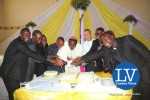 Lusaka Archdiocese Archbishop Telesphore George Mpundu joins newly ordained priests with Gender Minister Prof Luo Nkandu and Chiefs and Traditional Affairs Minister Joseph Katema        Jun 1, 2015