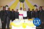 Lusaka Archdiocese Archbishop Telesphore George Mpundu joins newly ordained priests with Gender Minister Prof Luo Nkandu and Chiefs and Traditional Affairs Minister Joseph Katema  , Jun 1, 2015