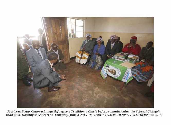 President Edgar Chagwa Lungu (left) greets Traditional Chiefs before commissioning the Solwezi Chingola road at St. Dorothy in Solwezi on Thursday, June 4,2015. PICTURE BY SALIM HENRY:STATE HOUSE © 2015 Edgar Chagwa Lungu