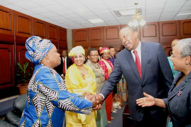 First Lady Esther Lungu being welcomed by Kenya's President Uhuru Kenyatta and Kenya's First Lady Margaret Kenyatta during the opening of the 9th Stop Cervical, Breast and Prostate Cancer in Africa