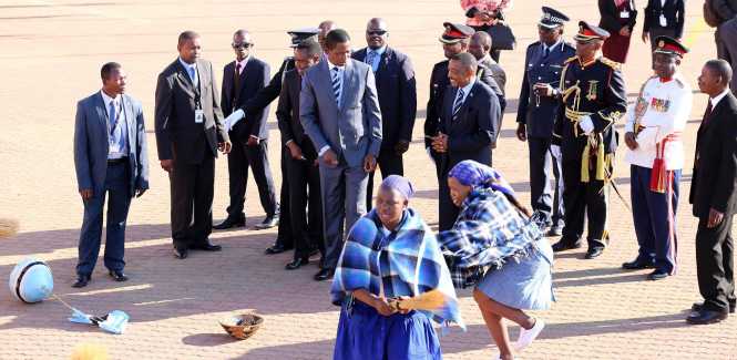 President Edgar Chagwa Lungu with Botswana Minister of Youth,Sport and Culture Thapelo Olopeng on arrival at Sir Seretse Khama international Airport in Gaborone,Botswana Botswana