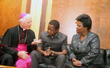 President Lungu and First Lady Esther Lungu listens to Apostolic Nuncio Joseph Canalini on arrival at FCO,Flumicino Airport in Rome , Italy on Thursday, February 4,2016 -Picture by THOMAS NSAMA