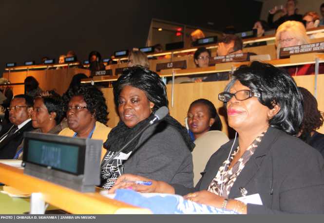Ministers Prof. Nkandu Luo (Gender) and Jean Kapata (Tourism and Arts), and Gender Permanent Secretary Edwidge Mutale at the 60th Session of the Commission on the Status on Women at UN Headquarters 14 March, 2016. PHOTO | Chibaula D. Silwamba | Zambia UN Mission