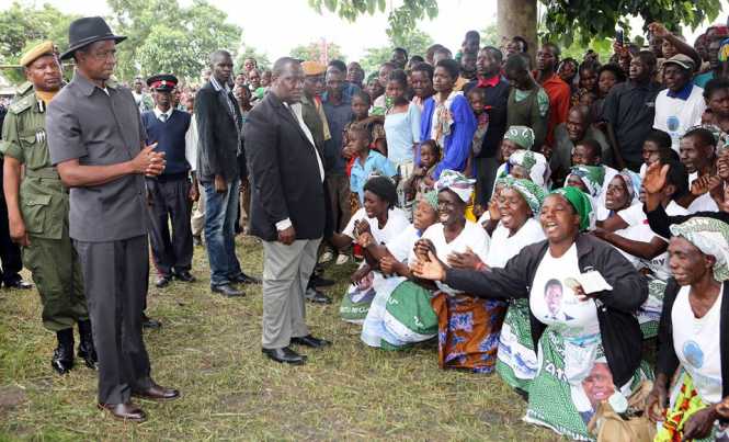 President Edgar Lungu being entertained by PF supporters on arrival in Samfya District,Luapula Province where he addressed a rally on Friday, February 10,2017- By Eddie Mwanaleza