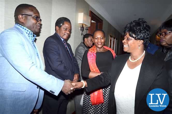 First Lady Esther Lungu greets Zambia UN Mission Military Adviser Brigadier General Erick Mwewa on arrival at Lotte New York Palace Hote